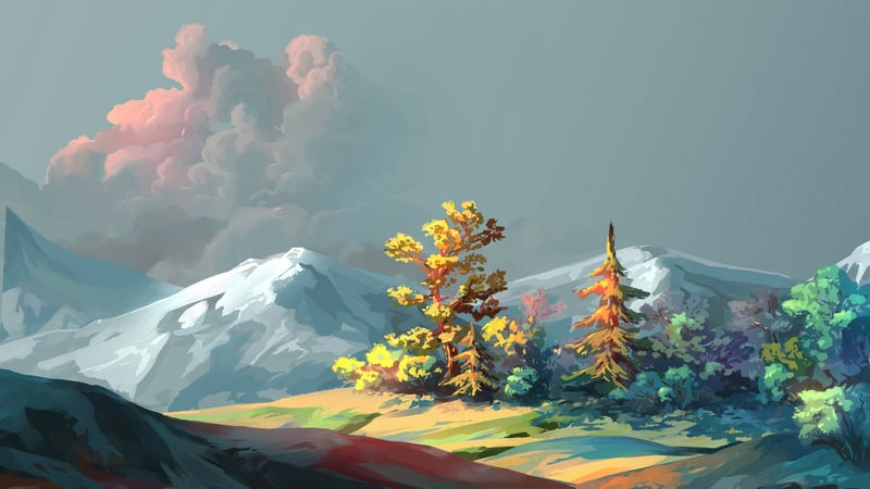 Digital art landscape with trees and snow-capped mountains