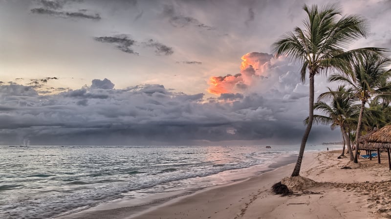 Beach with palm trees and dramatic clouds at sunset