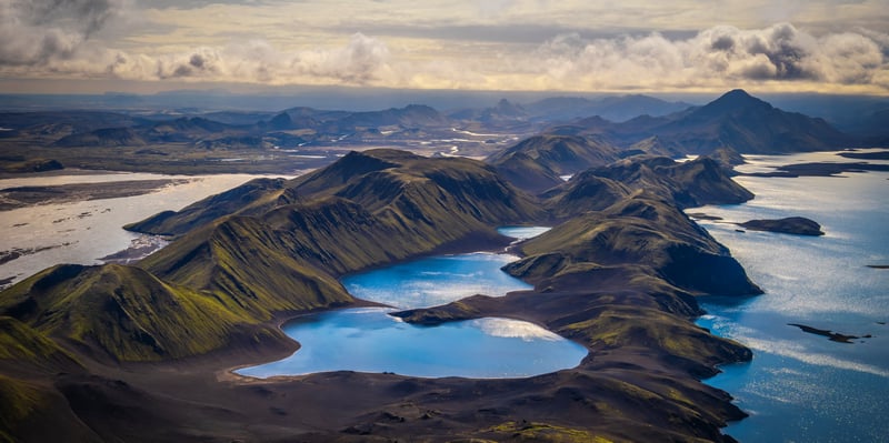 Aerial view of Icelandic highlands with lakes and mountains