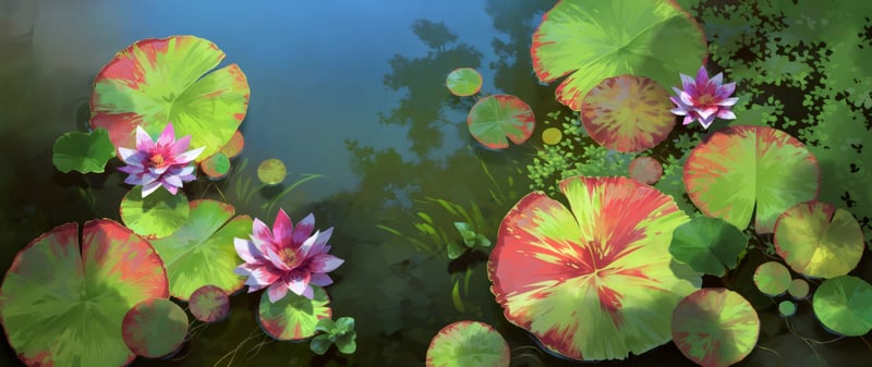 Water lilies and lily pads on a pond