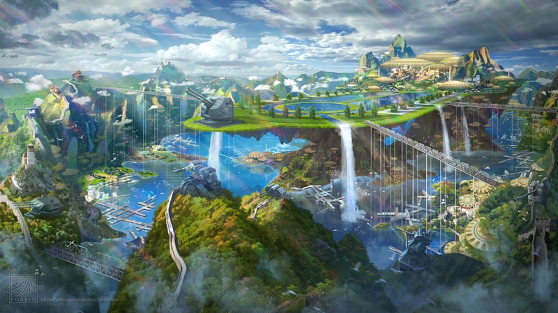 Scenery of a fantastical city with waterfalls and bridges
