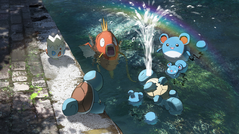 Squirtle, Togepi, Magikarp, Marill, and Azurill in water