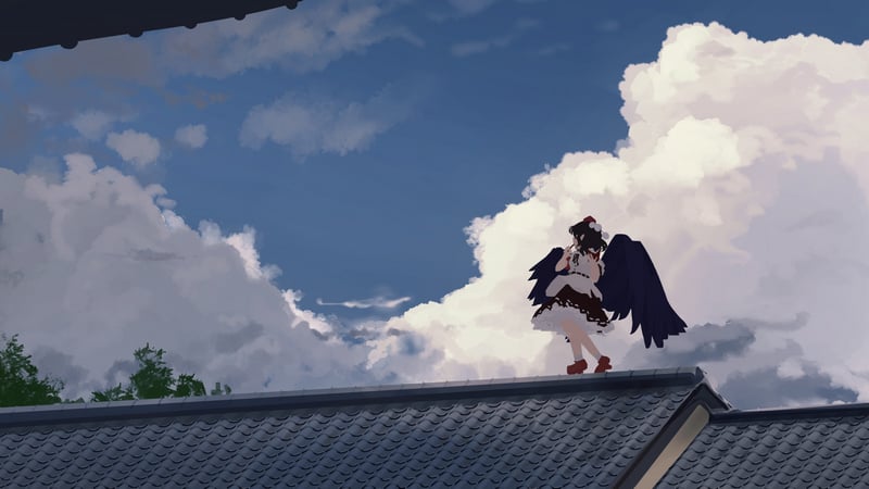 Shameimaru Aya with wings on a roof
