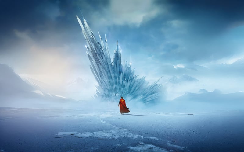 Superman walking towards an ice castle