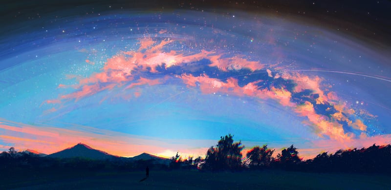 Digital art of a wide screen sky with clouds and stars
