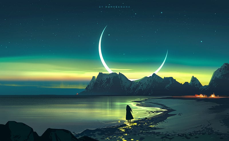 Fantasy girl on seashore with crescent moon over mountains