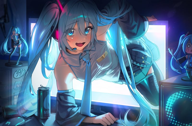 Hatsune Miku leaning over a computer monitor