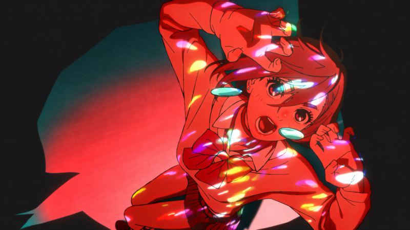 Momo Ayase in Dandadan with colorful lights