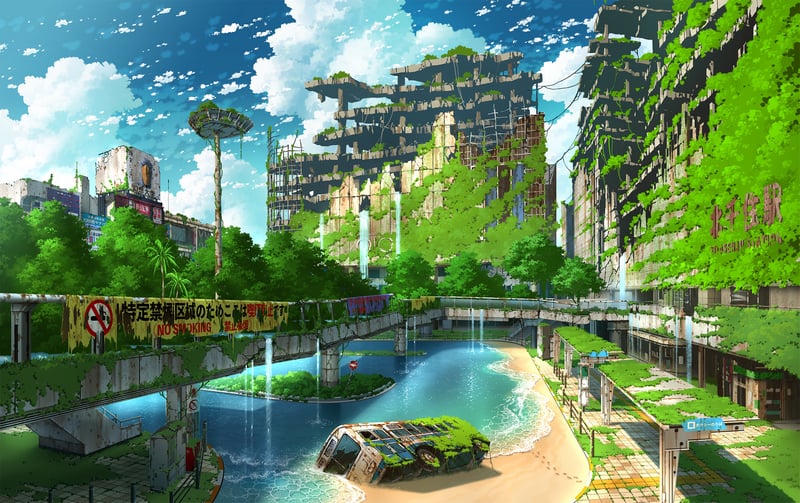 Buses in a post-apocalyptic overgrown city