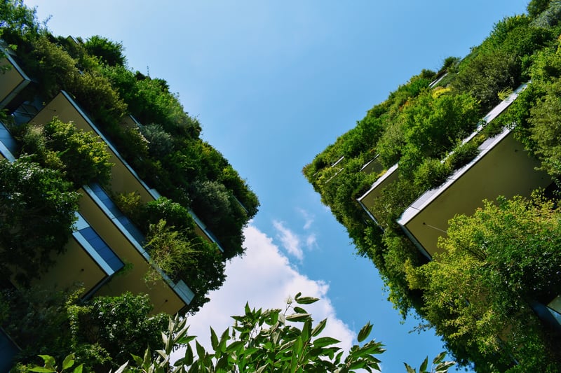 Buildings covered in plants against a blue sky