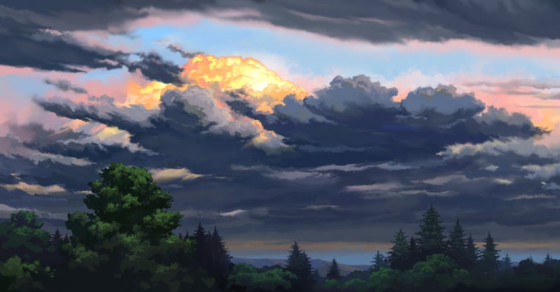 Scenery of dramatic clouds over a forest