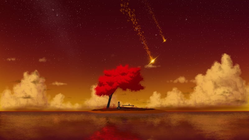Red tree and shooting stars over water