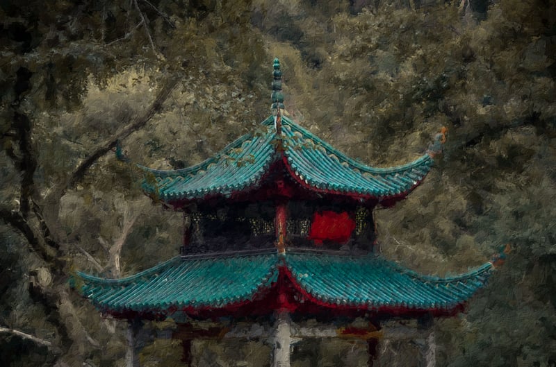 Oil painting of a traditional Asian pagoda with trees