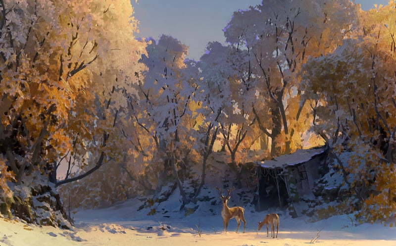 Scenery of a snowy forest with deer