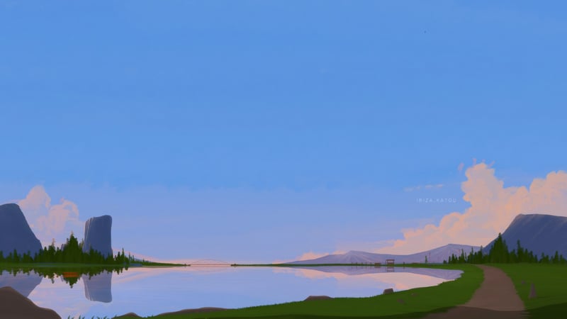 Digital art of a lake with reflections and mountains