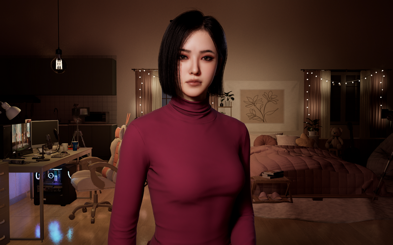 Inzoi character with short black hair indoors