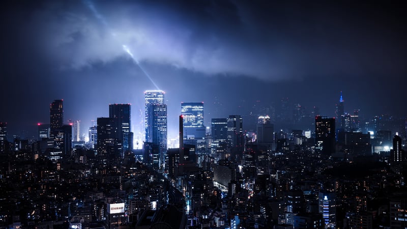 Cityscape at Night with Dramatic Clouds and Light Beam