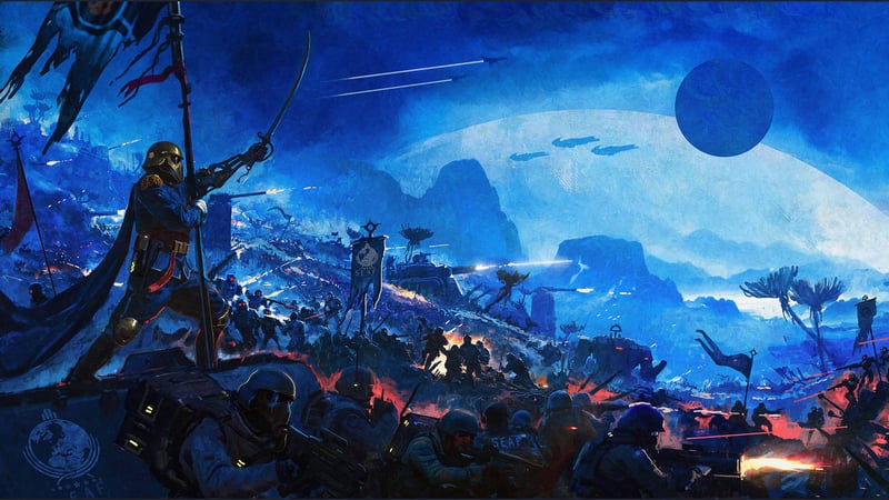 Helldivers 2 soldiers in a sci-fi battle
