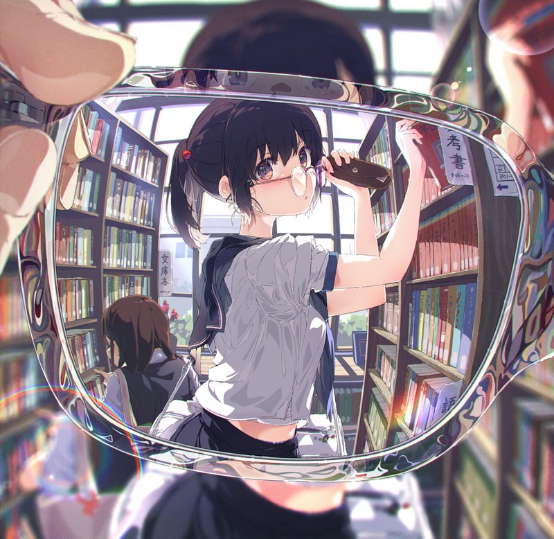 Anime girls in a library, one reaching for a book