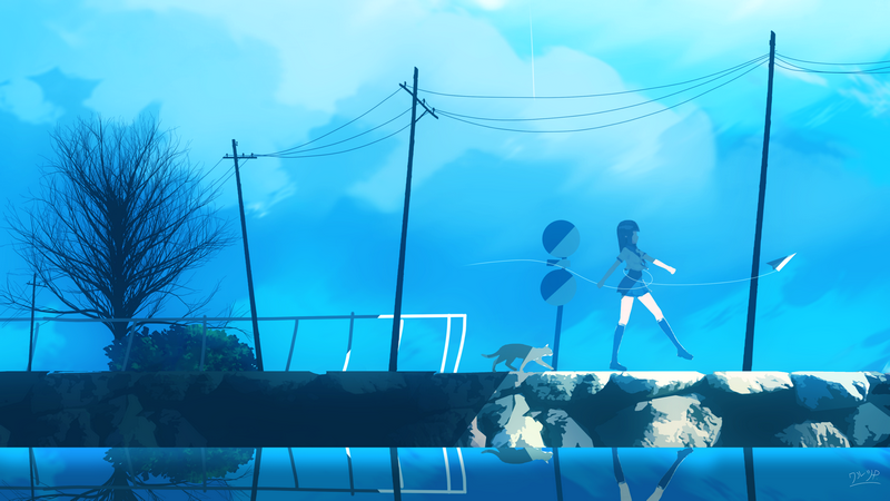 Anime girls walking with a cat