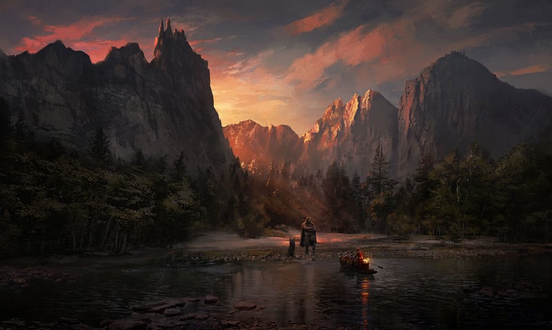 Boat on a lake with mountains at sunset