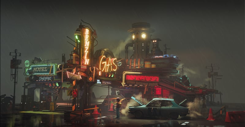 Car at a neon gas station at night