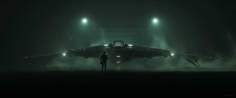 Jet fighter in a hangar with a person