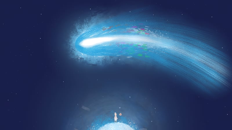 Rosalina and a Luma watch a blue comet in space