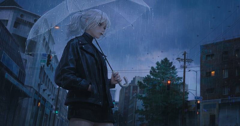 Anime girl with white hair holding an umbrella in the rain