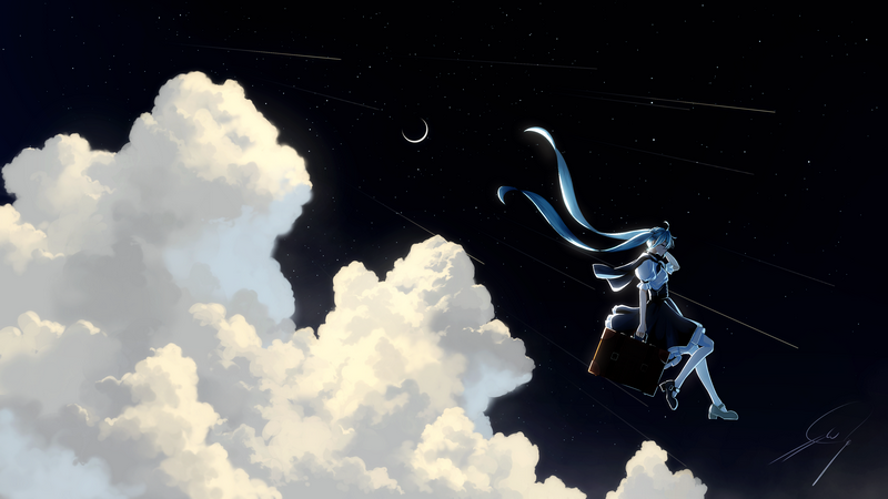 Hatsune Miku floating with a suitcase in the night sky