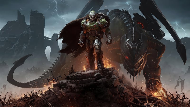 Doom Slayer and a large dragon creature
