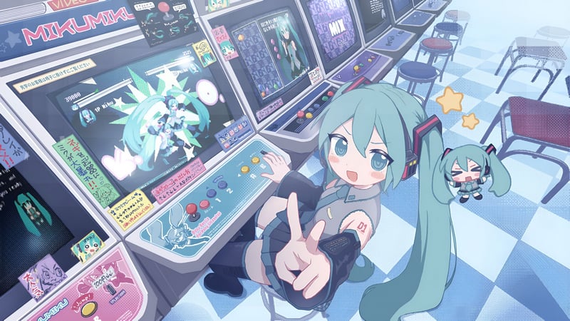 Hatsune Miku playing arcade video games