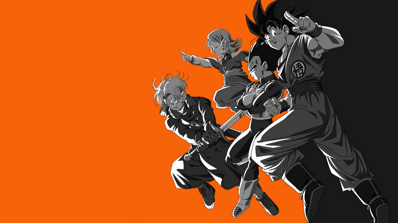 Dragon Ball Characters: Goku, Vegeta, Trunks, and Chronoa