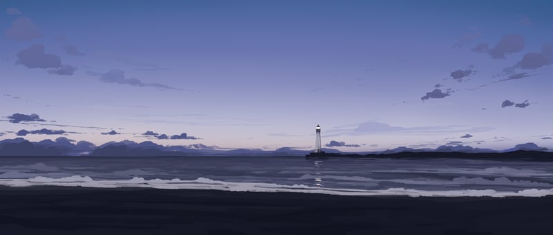 Lighthouse on a rocky coast at dusk with calm sea