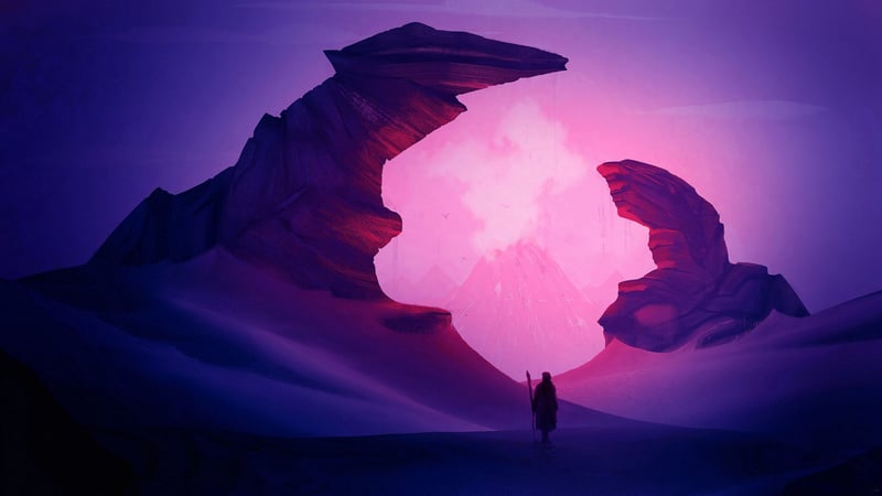 Figure walks towards glowing portal in rocky desert landscape
