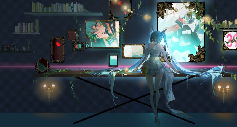 Hatsune Miku in a white dress indoors with framed art