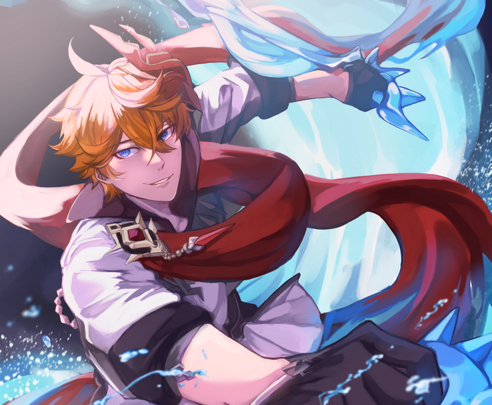 Tartaglia Childe from Genshin Impact with water powers