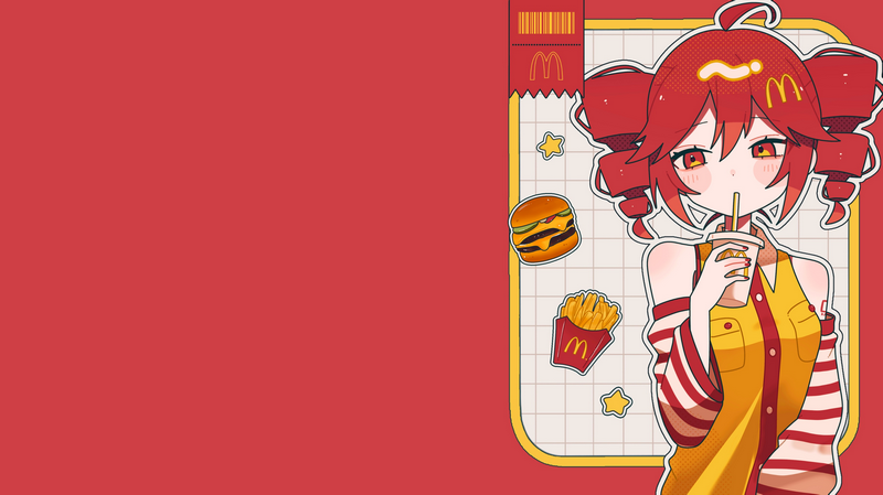 Anime girl dressed as Ronald McDonald drinking a beverage