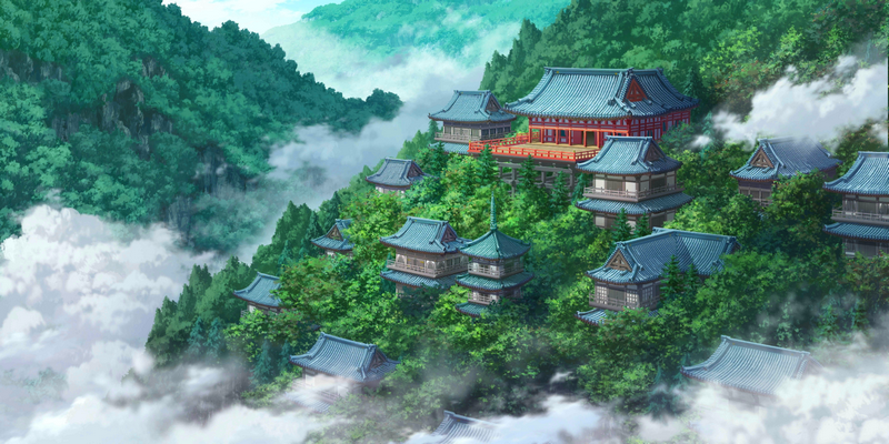 Touhou mountain temple complex amidst clouds and trees