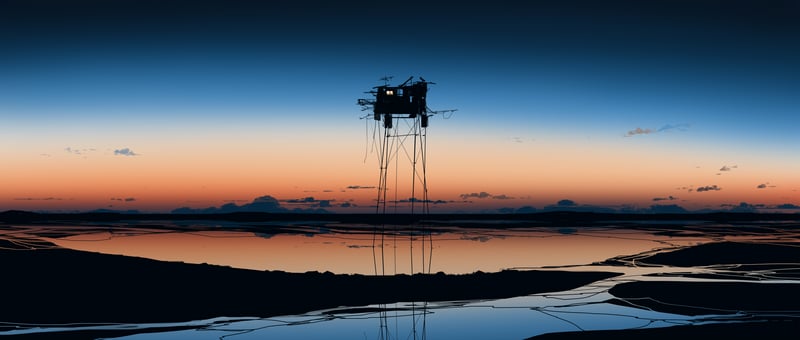 A solitary stilt house on a calm body of water at sunset