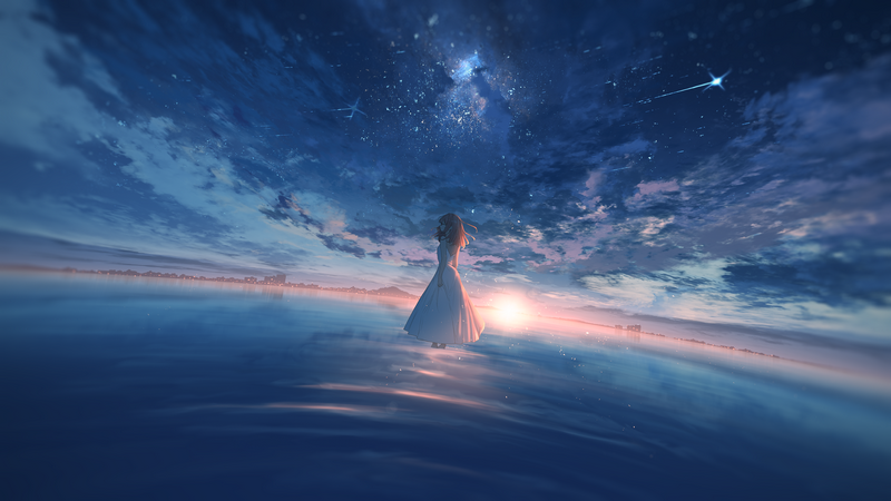 Anime girl in white dress by the sea at sunset