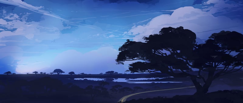 Digital painting of a wide landscape at dusk