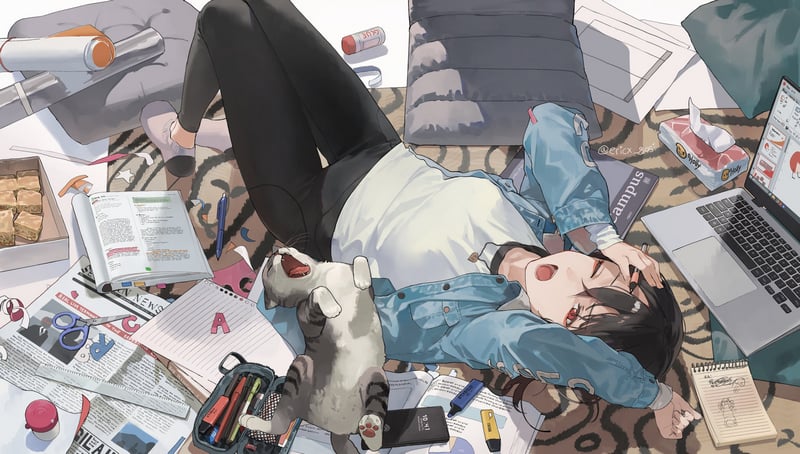 Anime girl lying down with a cat surrounded by study materials