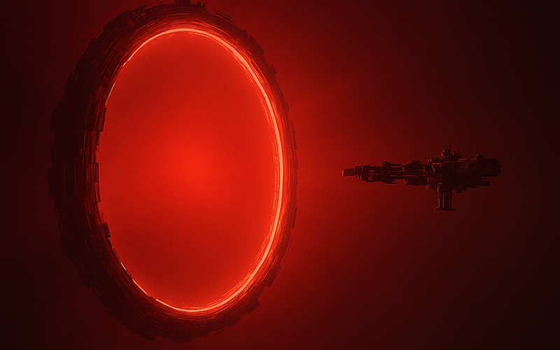 Spaceship approaching a glowing red portal in space
