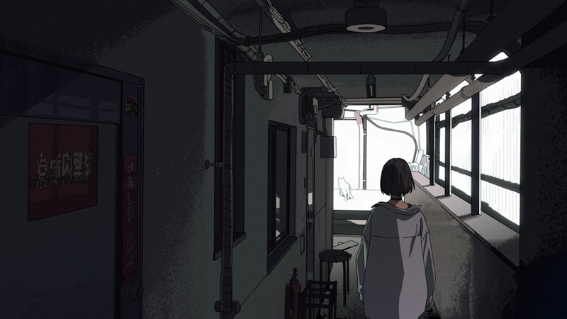 Anime girl with black hair walks down a dark hallway