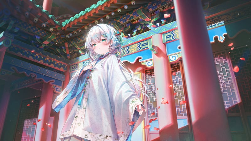 Anime girl with white hair in traditional Korean hanbok