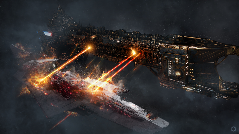 Warhammer 40,000 spaceship battle with lasers and explosions