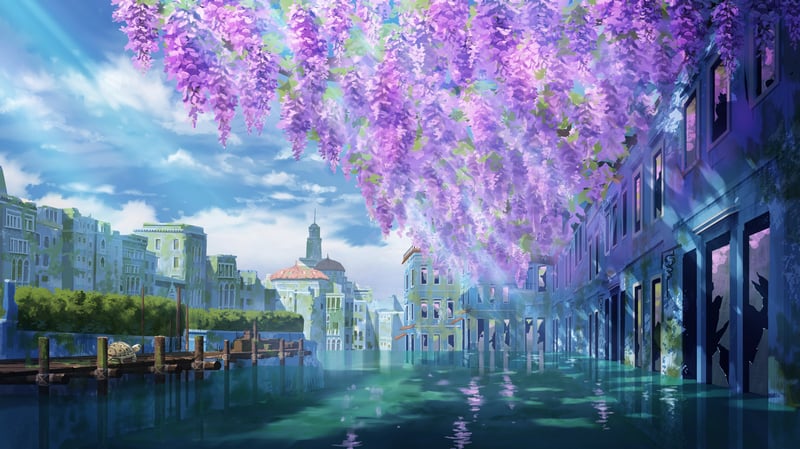 Scenery of a flooded city with purple wisteria