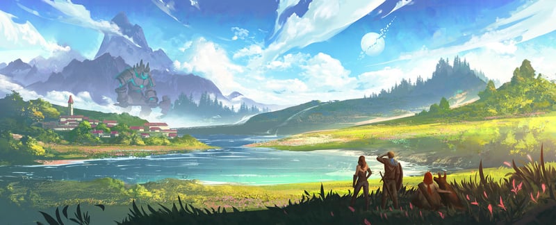 Creature in a vast landscape with a lake and mountains