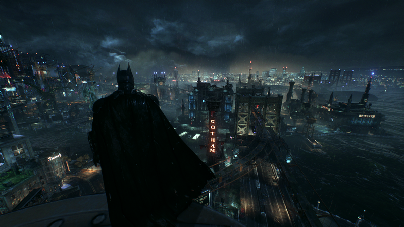 Batman overlooking Gotham City from a rooftop